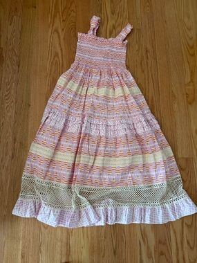 Pink Smocked Midi Dress with Lace Trim